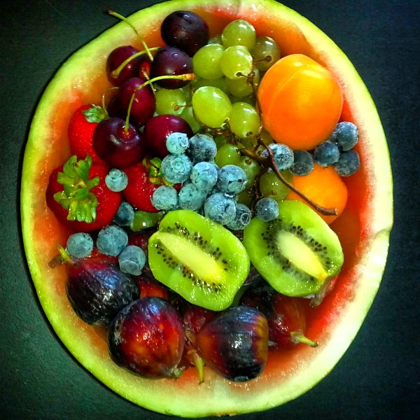 This watermelon bowl is stuff with figs, grapes, cherries, apricots, strawberries and frozen blueberries! IMG_20130716_115211