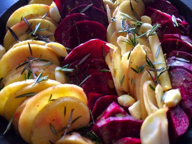 Beautiful beets and potatoes, ready for the oven! 