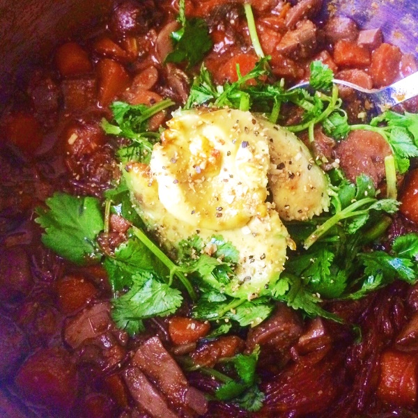 Here is an extra chunky bourguignon I made, with mung bean noodles and topped with avocado and cilantro
